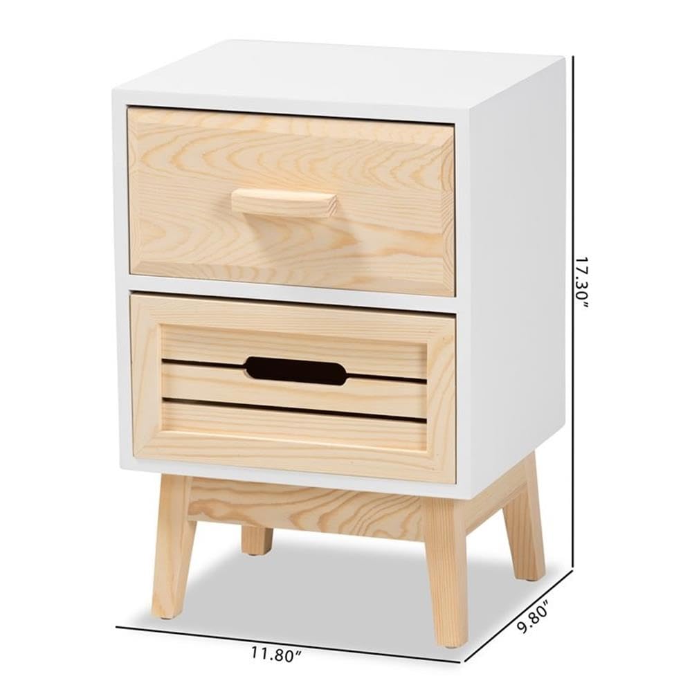 Baxton Studio Kalida Mid-Century Modern Two-Tone White and Oak Brown Finished Wood 2-Drawer Nightstand